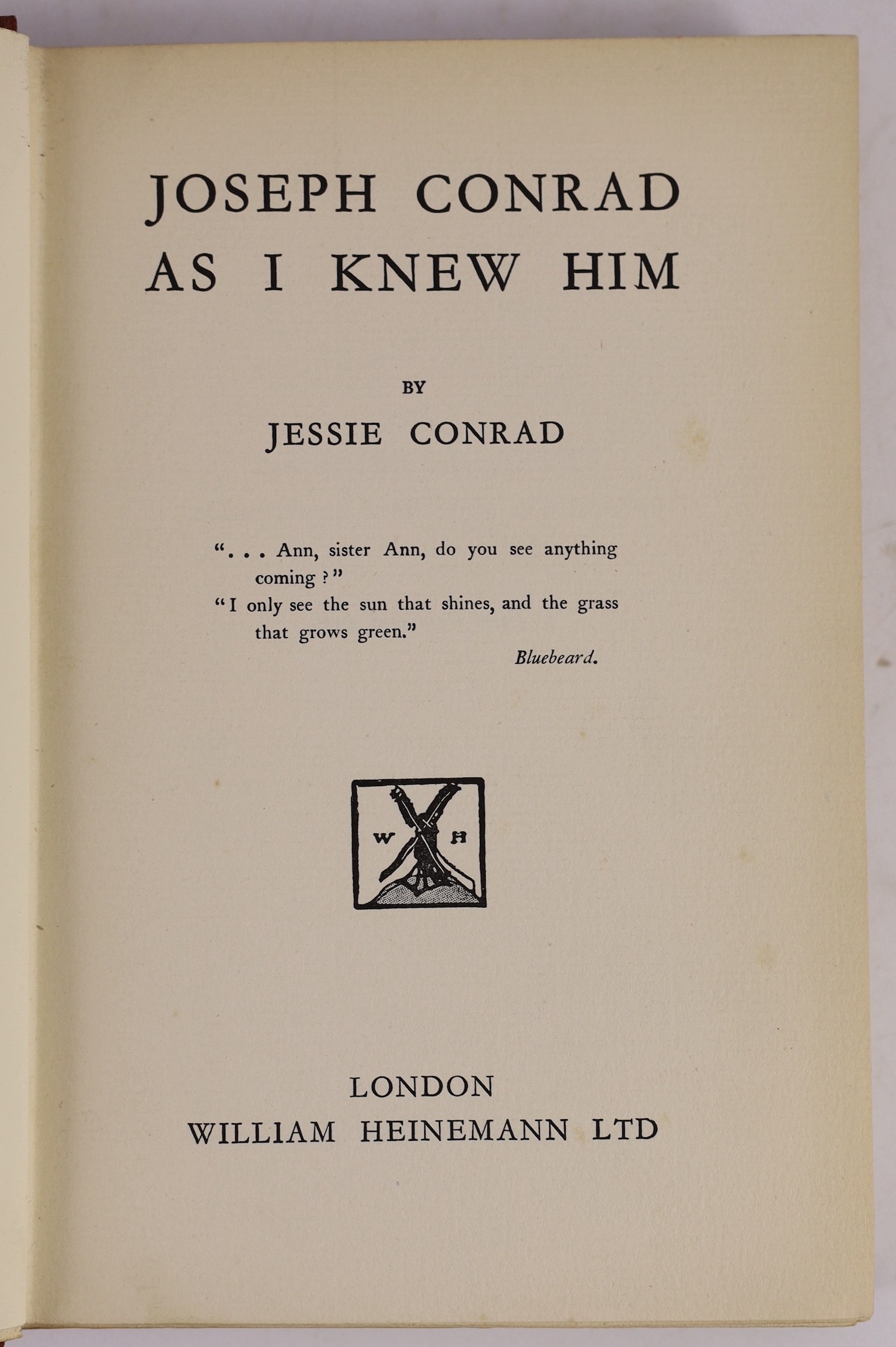 Conrad, Jessie - Joseph Conrad as I Knew Him, 1st edition, with ink inscription, ‘’To my dear friend Sir Robert Jones, from his affectionately grateful friend Jessie Conrad’’, 8vo, cloth in torn d/j, William Heinemann, L